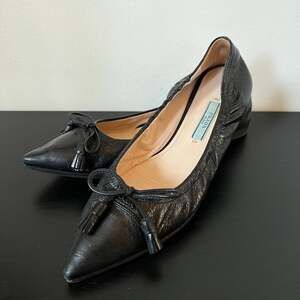 PRADA Black Leather Pointed Ballet Logo Flats Tasseled Women's Size 36.5 Resoled
